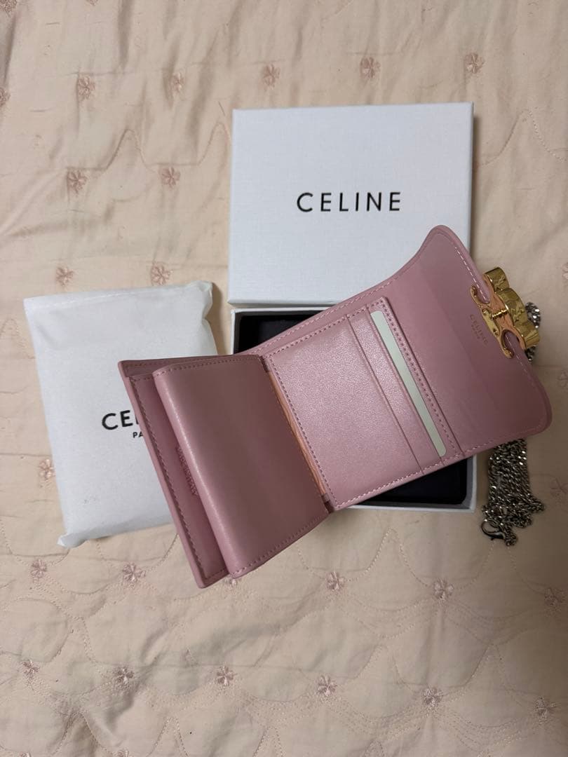 CELINE ピンク 三つ折り財布 チェーン付き