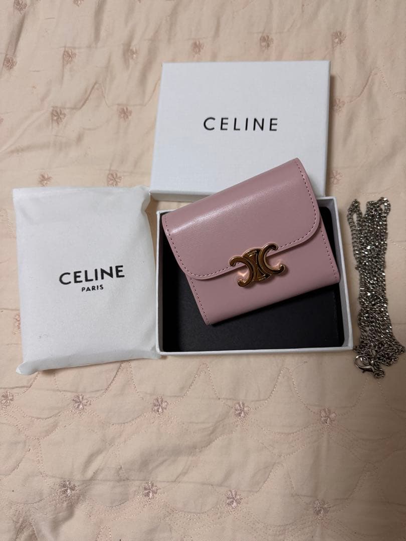 CELINE ピンク 三つ折り財布 チェーン付き
