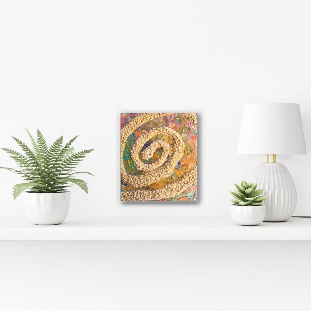 祈雨　白蛇　金色　神秘　絵　絵画　アクリル画　原画　　額付き　インテリアアート