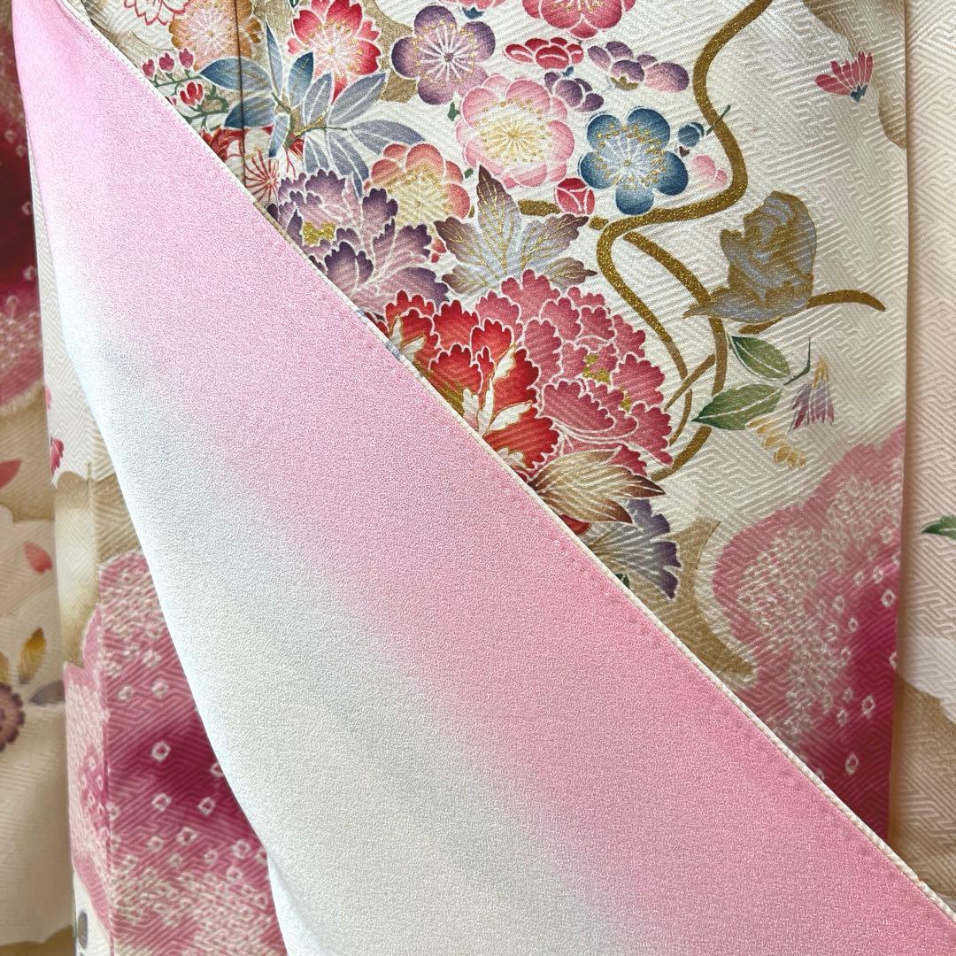 446 振袖フルセット 正絹 岩田専太郎 金彩 駒刺繍 絞り クリーム 青 紫