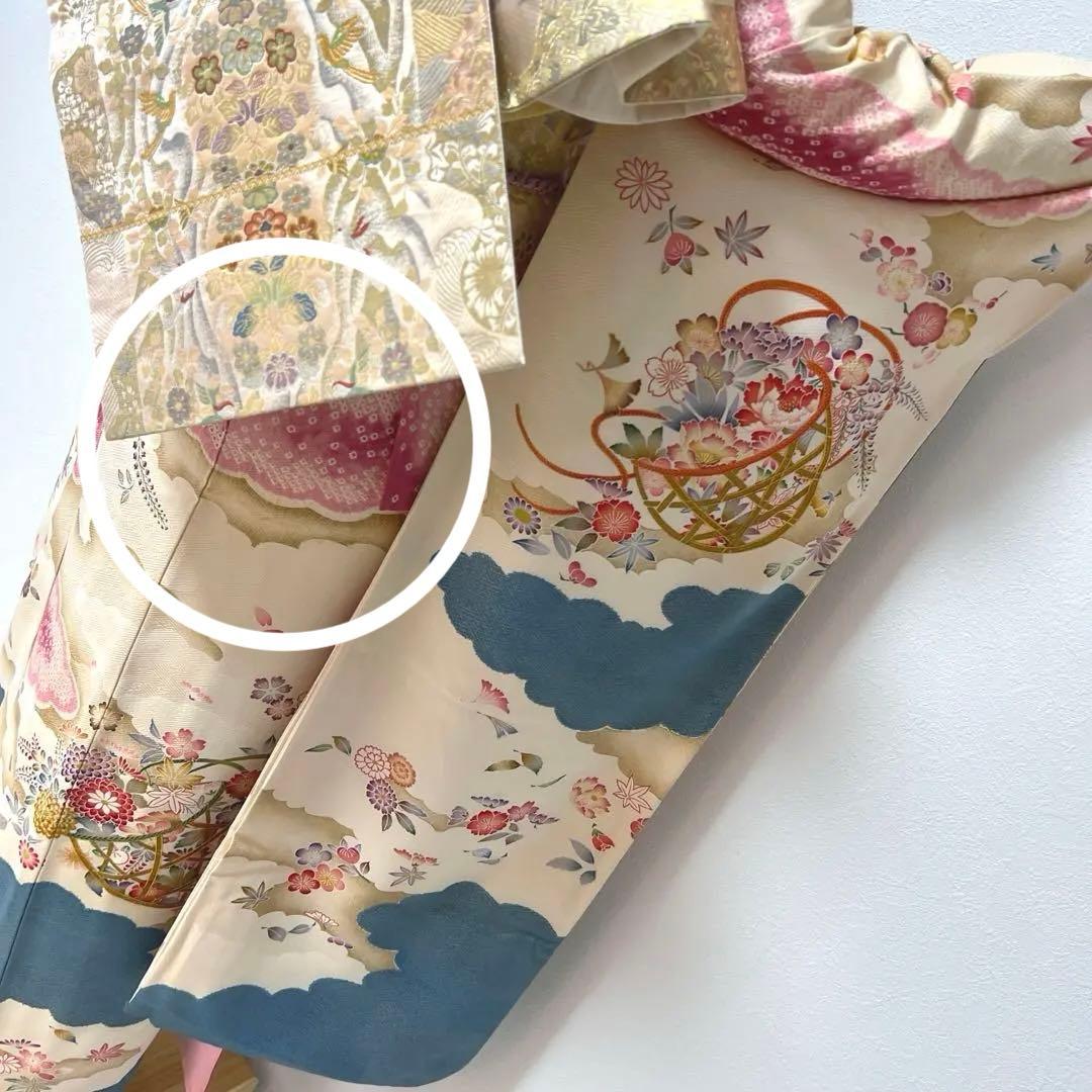 446 振袖フルセット 正絹 岩田専太郎 金彩 駒刺繍 絞り クリーム 青 紫