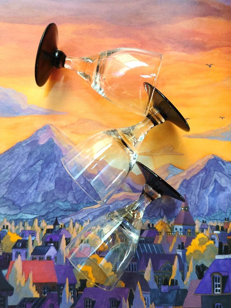 ショットグラス　紫　3個　アンティーク　ワイングラス形　気泡入り　ゆらゆら硝子