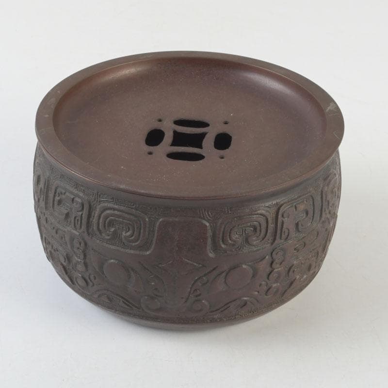 中国　古銅宣徳銅　饕餮文　建水　茶こぼし　V　9652