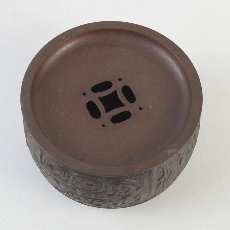 中国　古銅宣徳銅　饕餮文　建水　茶こぼし　V　9652