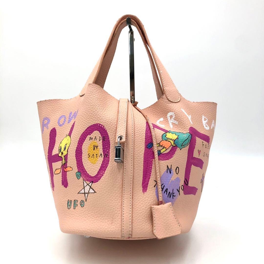 ゲルニカ キューブバッグ　ハンドバッグ　レザー ピンク　ペイント　レザー　ピンク