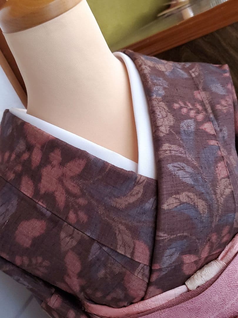 【スモールサイズ＊】辻が花の紬　茶色　ピンク　正絹　特価☆