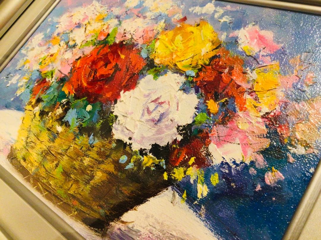 銀座中央画廊 酒井健吉 『盛花』真作保証 油彩画 SM号 日本美術家連盟 額装