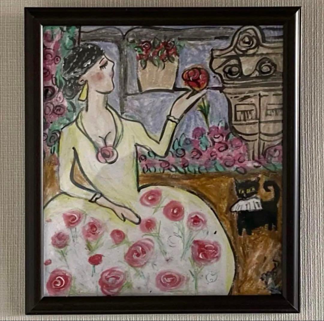 絵画 。壁掛け絵【神聖なヨーロッパの荘園でバラの花を楽しむ少女と魅力的な黒猫】