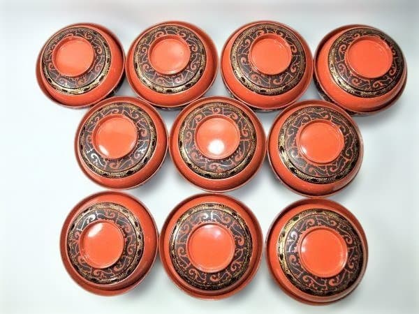 洗朱 吸物椀 10客 昭和18年 漆器 椀 10個セット オレンジと黒の装飾