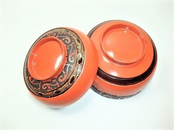 洗朱 吸物椀 10客 昭和18年 漆器 椀 10個セット オレンジと黒の装飾