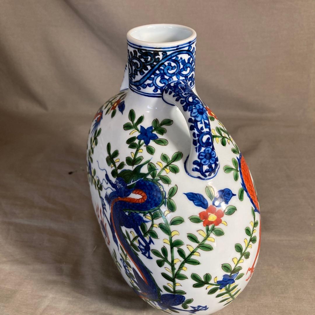 【源右衛門】古伊万里の伝統　日本の名窯　舘林源右衛門作　染錦万暦双龍絵　扁壺