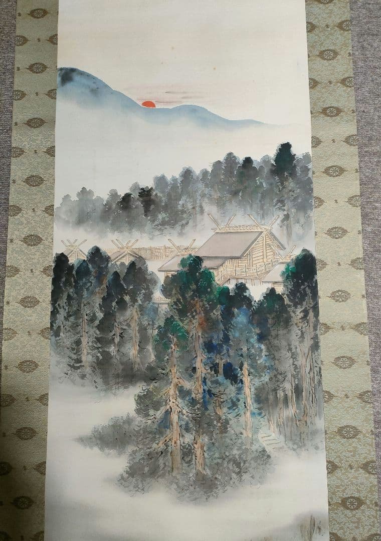 掛軸　「神苑之朝」　絹本條幅　桐箱