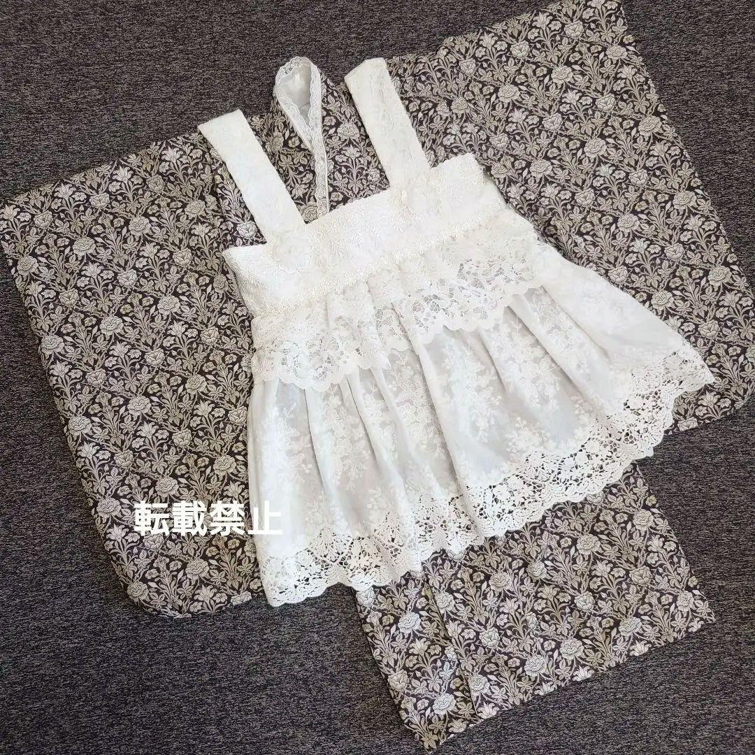 【お値下げ】３歳　フリルたっぷりレース被布エプロンとモリス調着物セット　七五三に