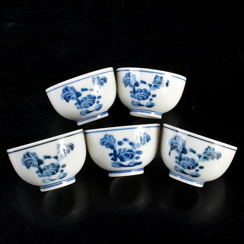 煎茶道具　賣茶好　染付　亥年白菜文　煎茶碗　5客　共箱　V　6194