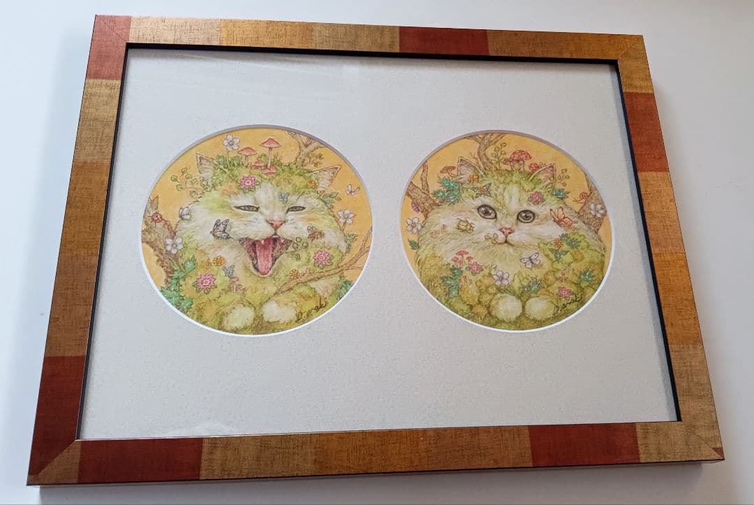 【原画】『苔むした猫　阿吽』植物　絵画　アンティーク