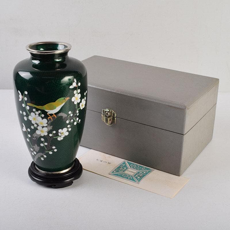 七宝焼　熱化工業　透釉　花鳥文　花瓶　唐木台・箱付　V　R9322