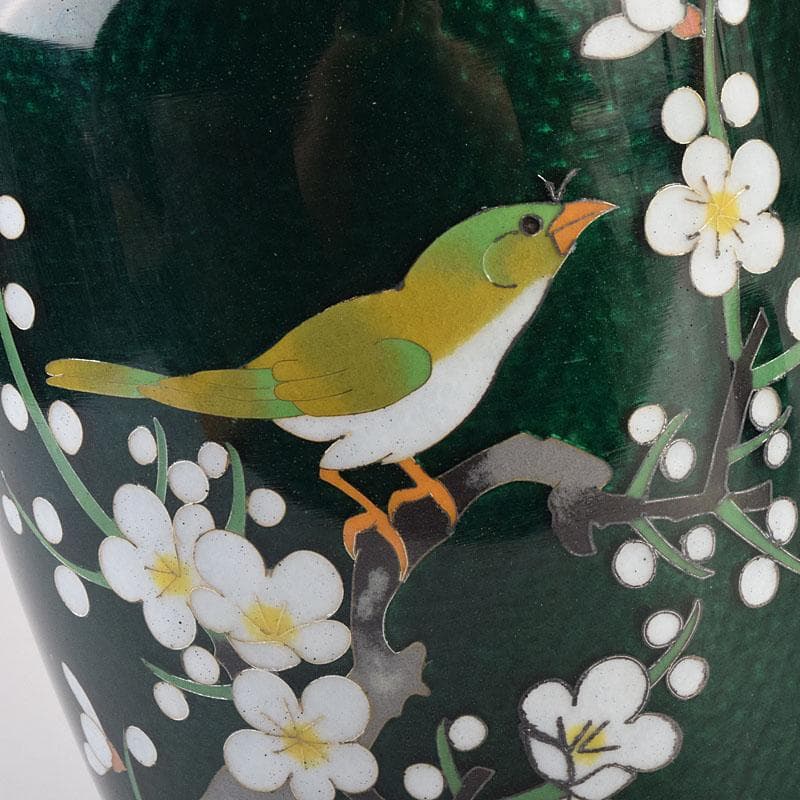 七宝焼　熱化工業　透釉　花鳥文　花瓶　唐木台・箱付　V　R9322