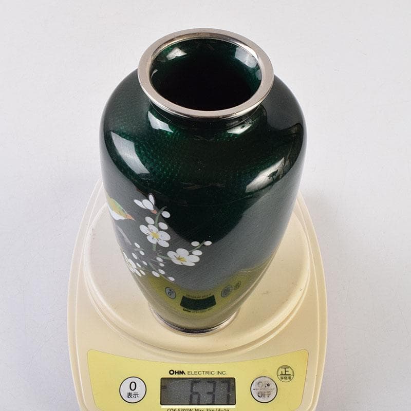 七宝焼　熱化工業　透釉　花鳥文　花瓶　唐木台・箱付　V　R9322