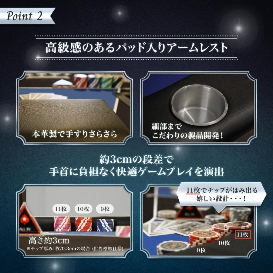 ポーカーテーブル 折りたたみ 10人対応 最大500枚チップラック付（ブラック）