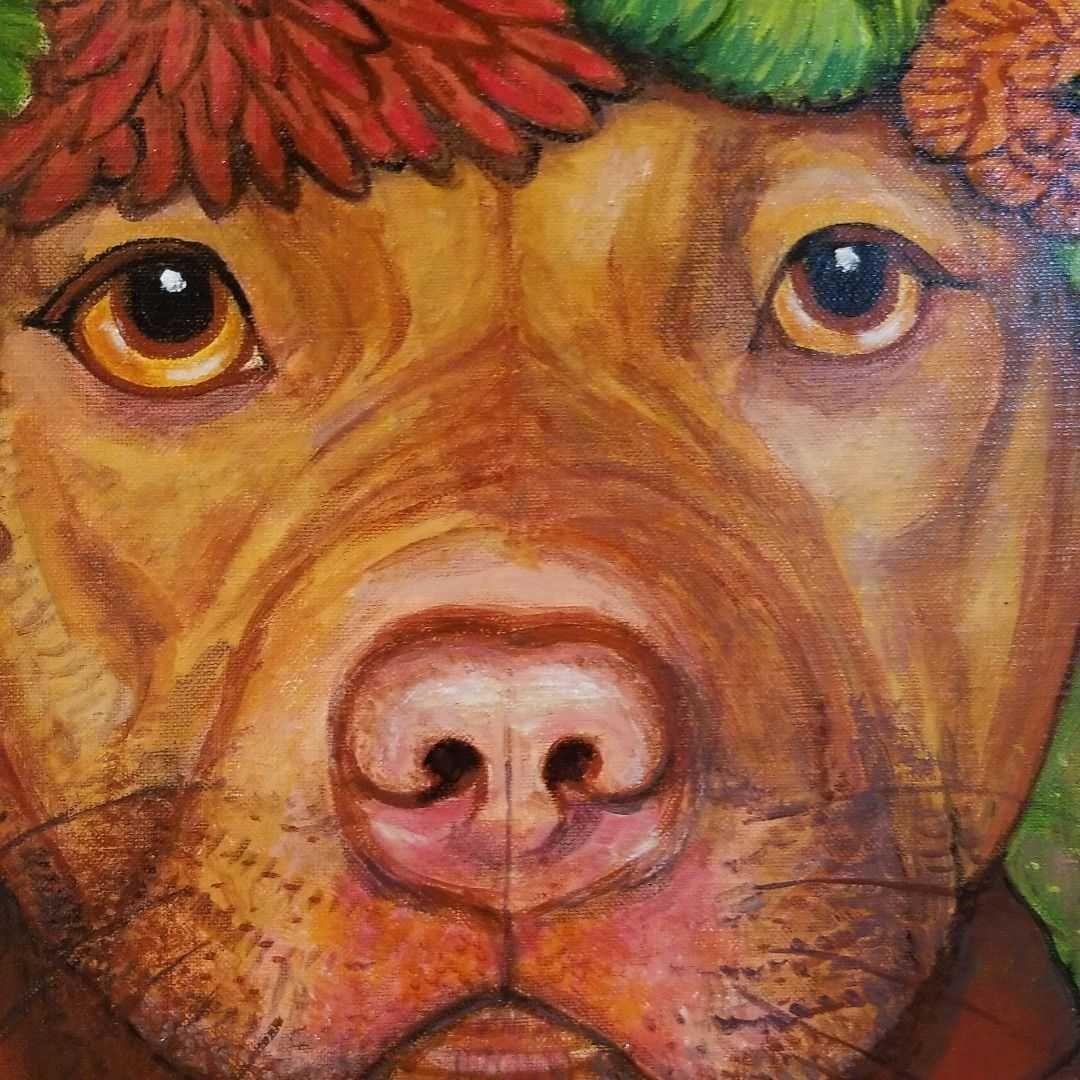 油絵　花冠の犬