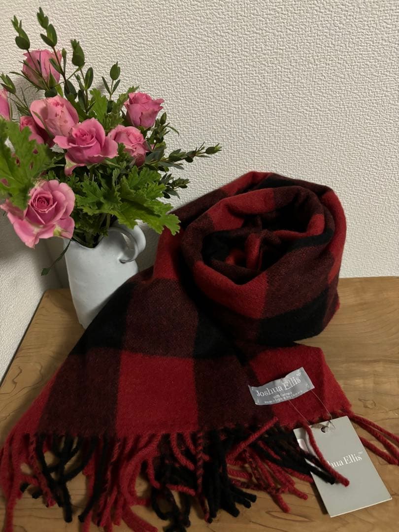 T*K様 未使用美品　Joshua Ellis 赤×黒のカシミアチェックマフラー