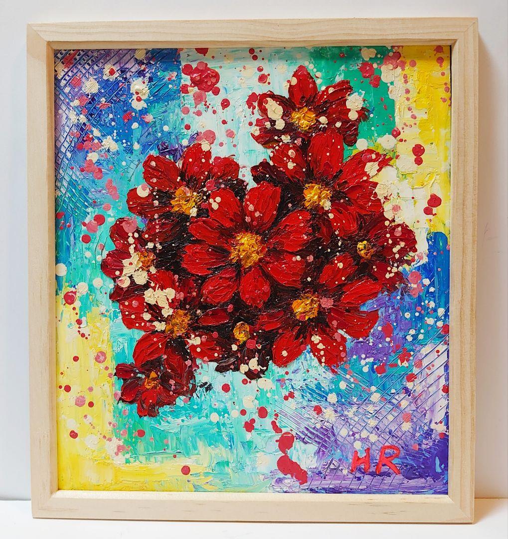 油絵 絵画【赤いコスモス】