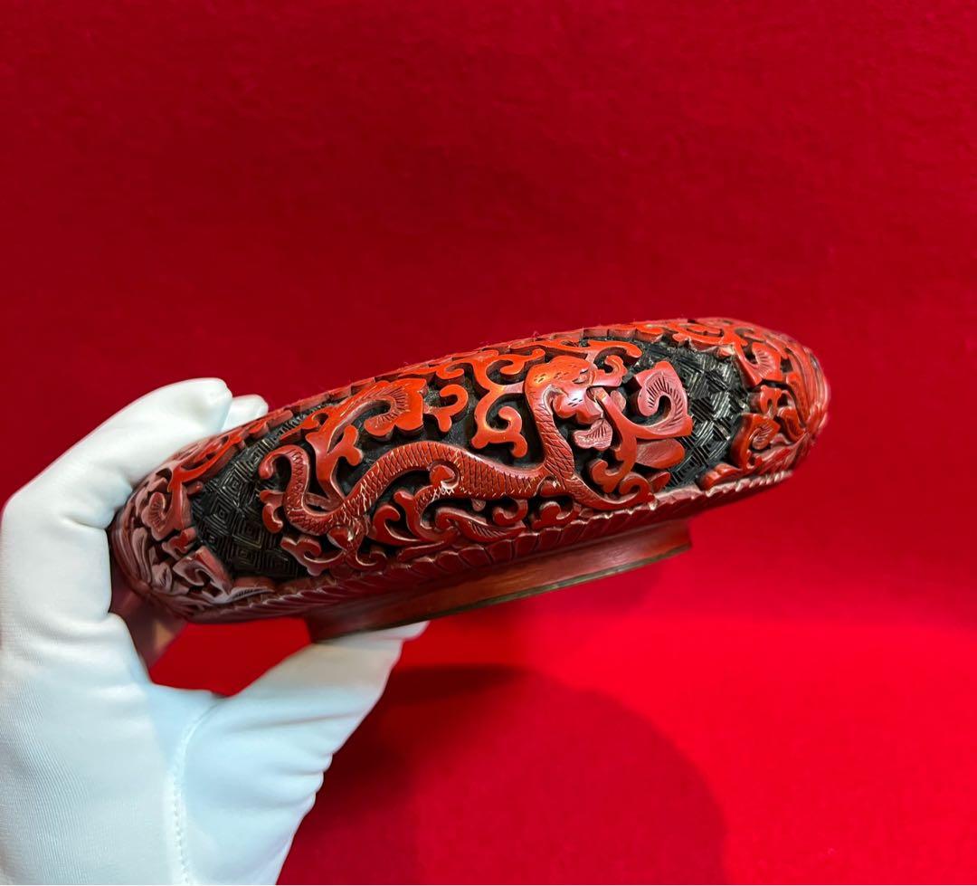 中国美術 古玩 堆朱 剔紅 漆彫 龍紋樣 寶相花紋樣 煙皿 置物