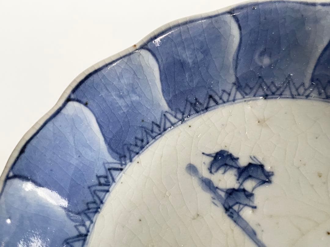 骨董　アンティーク　藍九谷　網干　船文様　輪花皿　小皿　五寸皿　誉印　古伊万里