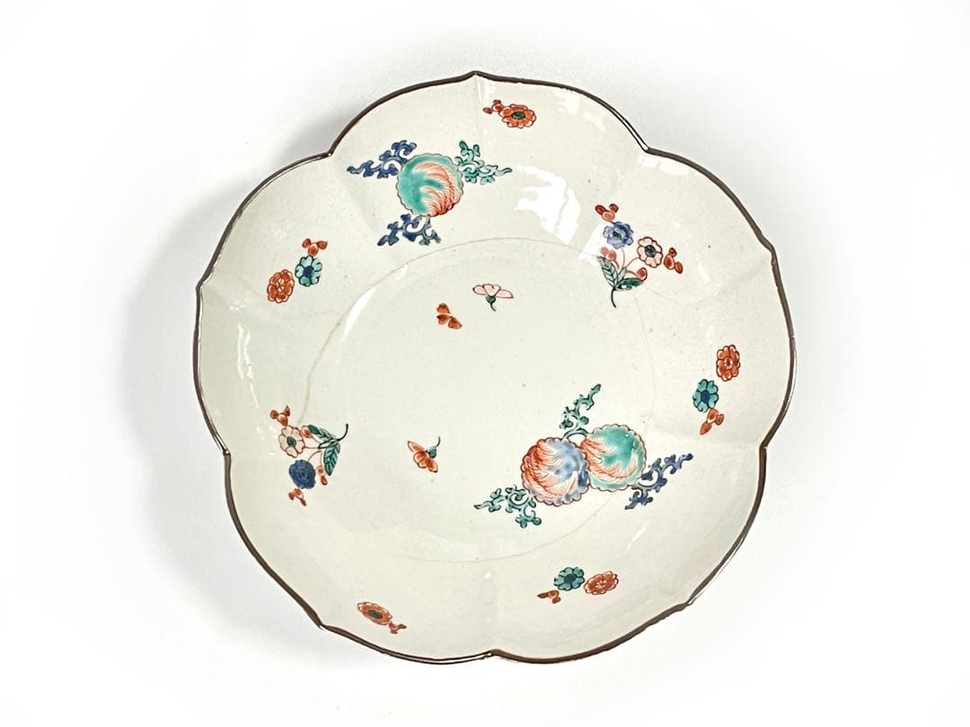 骨董　アンティーク　色絵　柿右衛門　花文様　鞠　輪花縁　鉢　菓子鉢