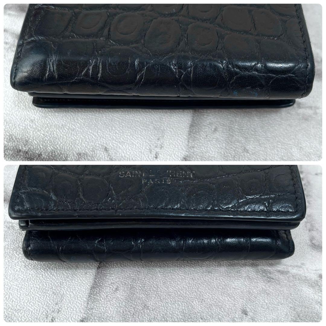美品✨サンローラン　三つ折り財布　クロコ　金ロゴ　黒　付属品