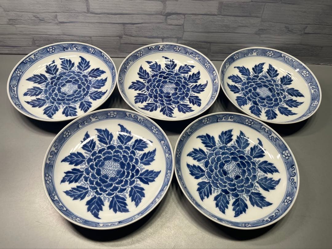 古伊万里　牡丹　染付皿　五枚　上がり良好！