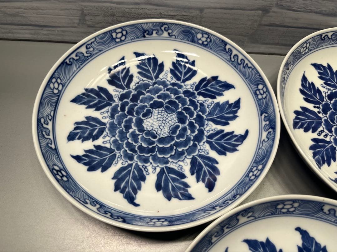 古伊万里　牡丹　染付皿　五枚　上がり良好！