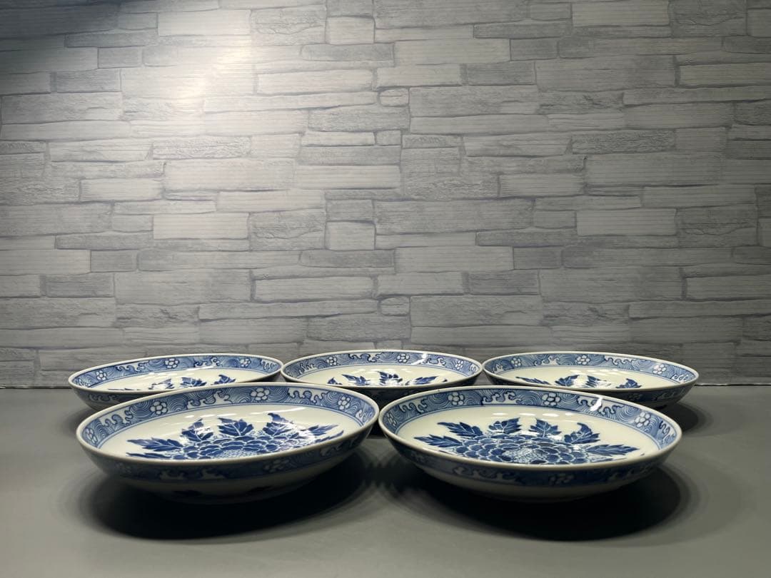 古伊万里　牡丹　染付皿　五枚　上がり良好！