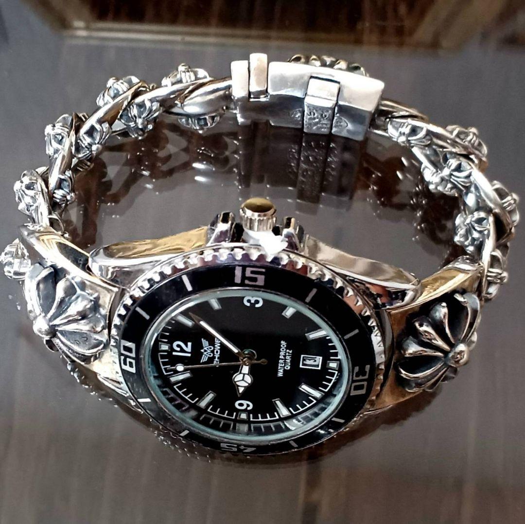 ZHOWE 黒サブ系 プラスクロス IDブレスレット 腕時計 チェーンブレス