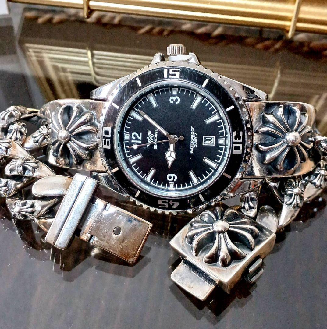 ZHOWE 黒サブ系 プラスクロス IDブレスレット 腕時計 チェーンブレス