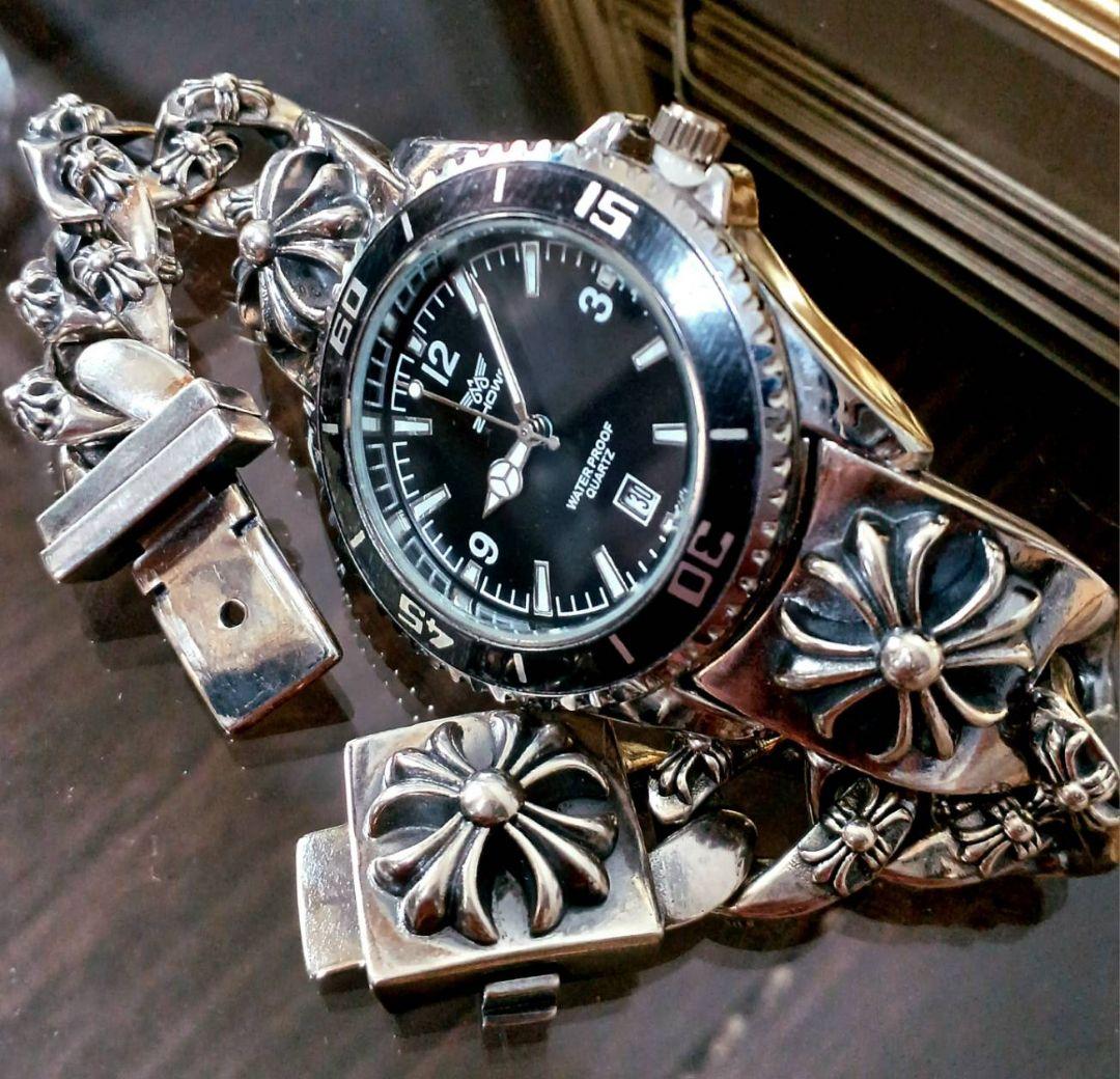 ZHOWE 黒サブ系 プラスクロス IDブレスレット 腕時計 チェーンブレス