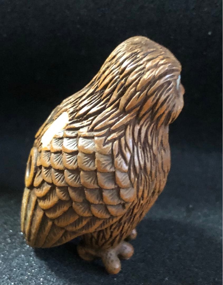 明治時代　木製　木彫　梟　根付　提げ物　骨董アンティーク　在銘