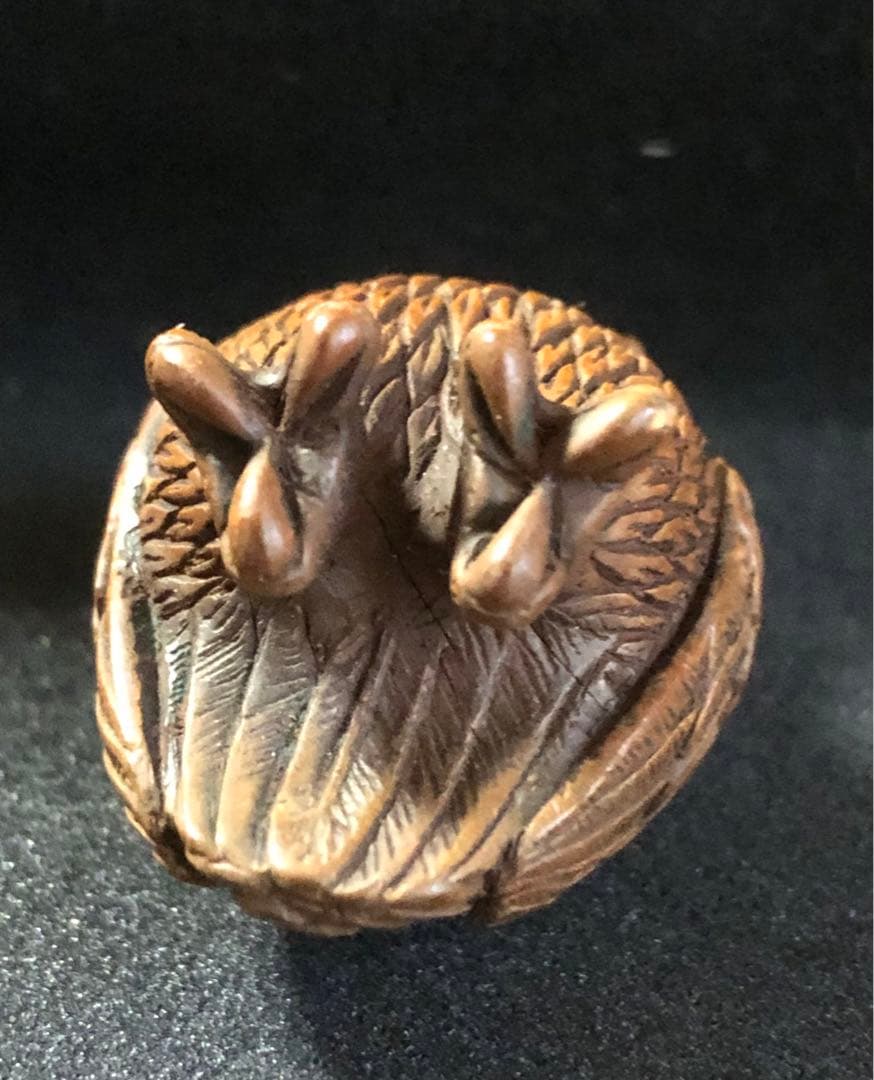 明治時代　木製　木彫　梟　根付　提げ物　骨董アンティーク　在銘