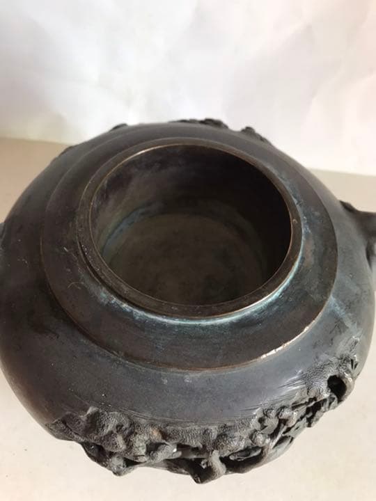 香爐，明治金工長谷川摄津掾晴定作古銅製，極細工，高11cm幅20cm重1600克