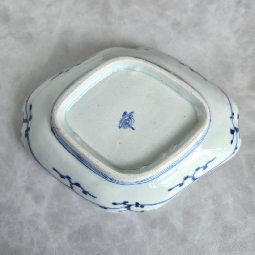 無傷完品　古伊万里　染付　変形皿　江戸時代　型紙摺　印判　骨董　金継ぎ