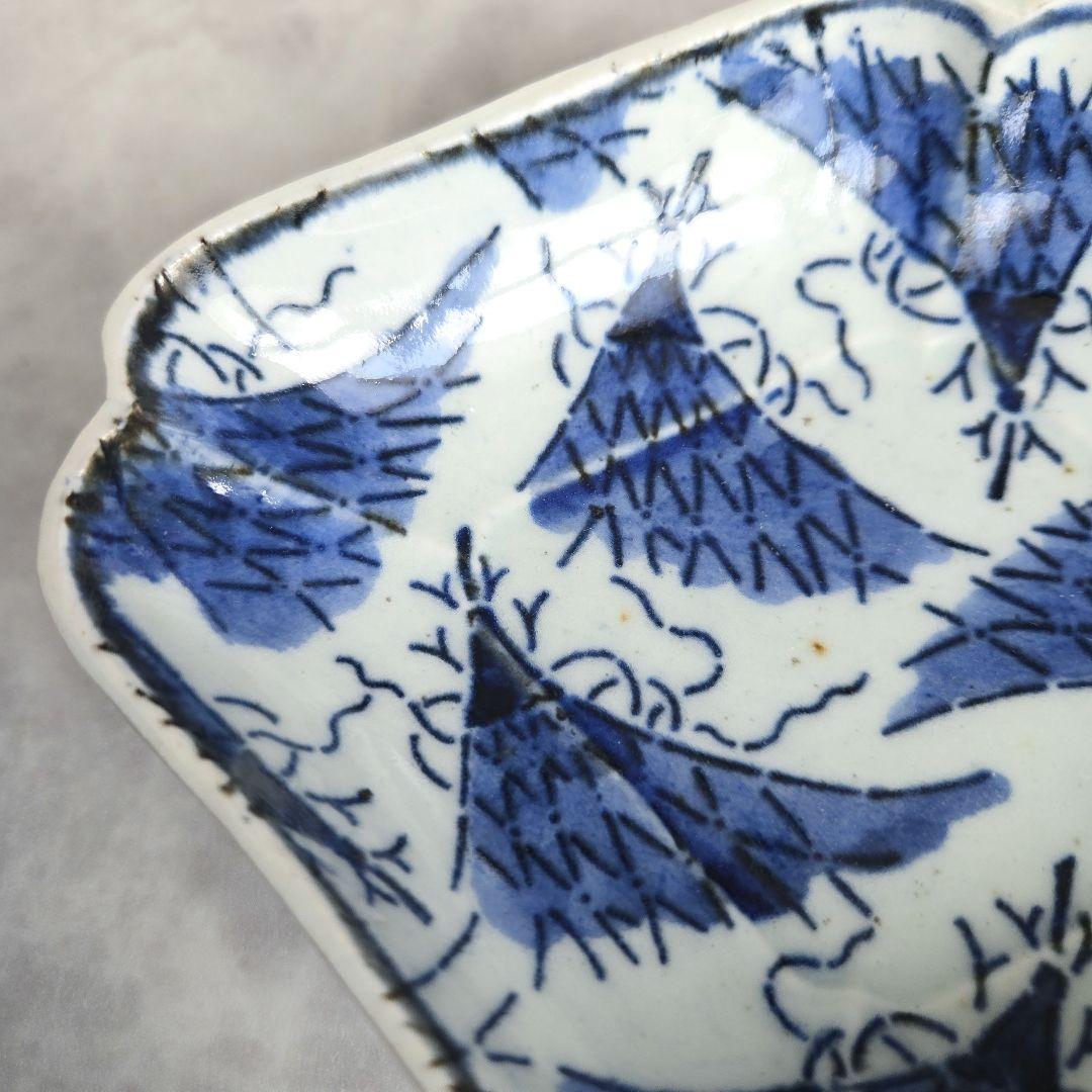 無傷完品　古伊万里　染付　変形皿　江戸時代　型紙摺　印判　骨董　金継ぎ