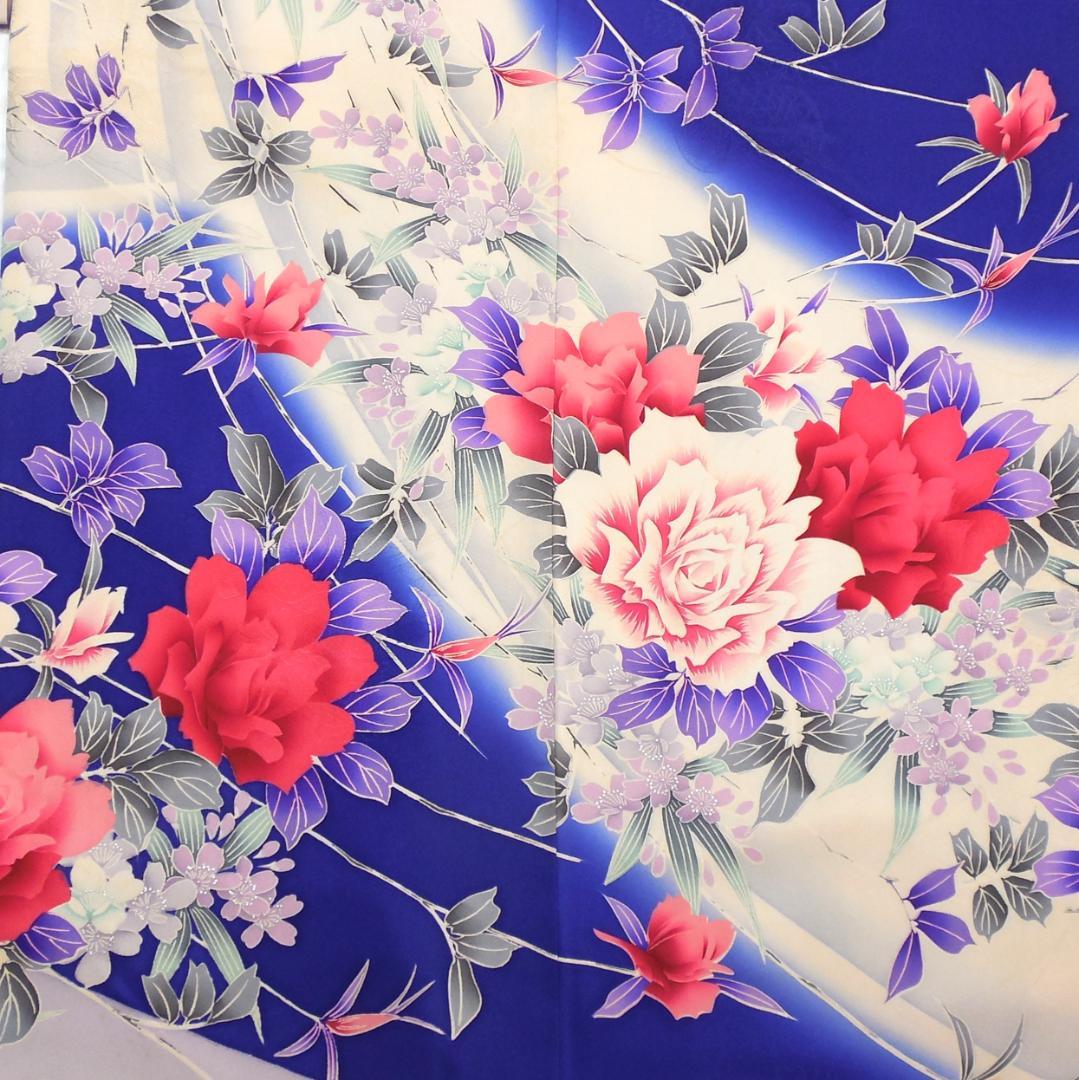 美品★振袖フルセット　振袖　正絹　成人式　Mサイズ　ブルー　青　花柄　バラ