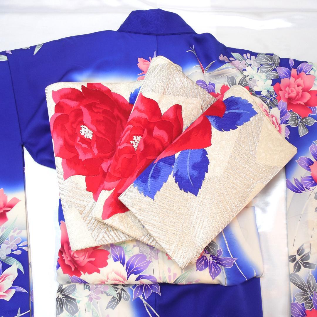 美品★振袖フルセット　振袖　正絹　成人式　Mサイズ　ブルー　青　花柄　バラ