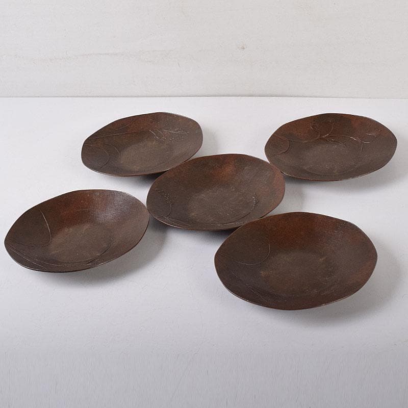 煎茶道具　蝋型鋳銅　正作　草文茶托　五客　共箱　M　R8526