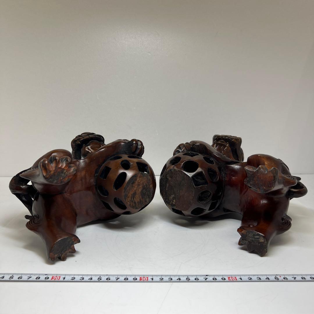 木彫 大振獅子 一対 1757g 東キ7-1218①