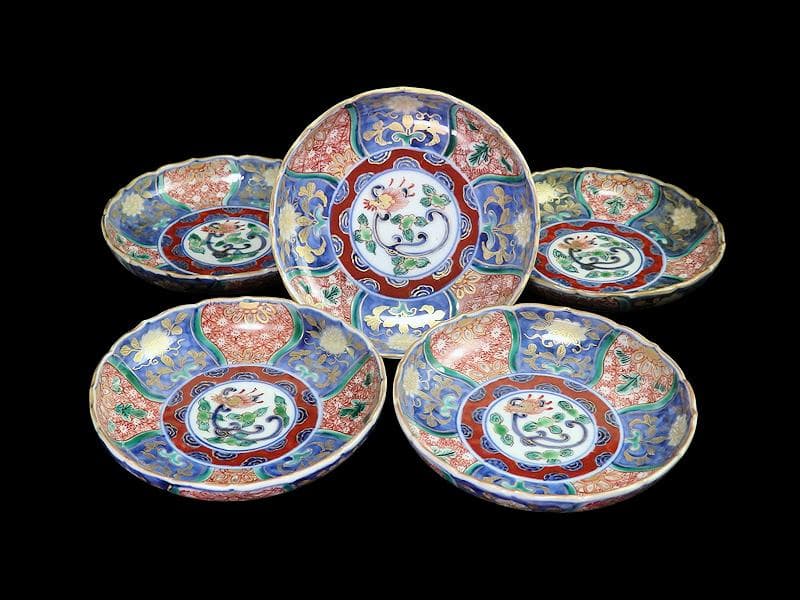 古伊万里　金襴手　団龍紋に花の図　４寸皿　５枚　307AS-fbuu