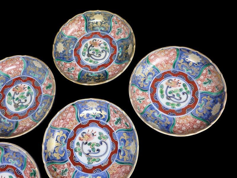古伊万里　金襴手　団龍紋に花の図　４寸皿　５枚　307AS-fbuu