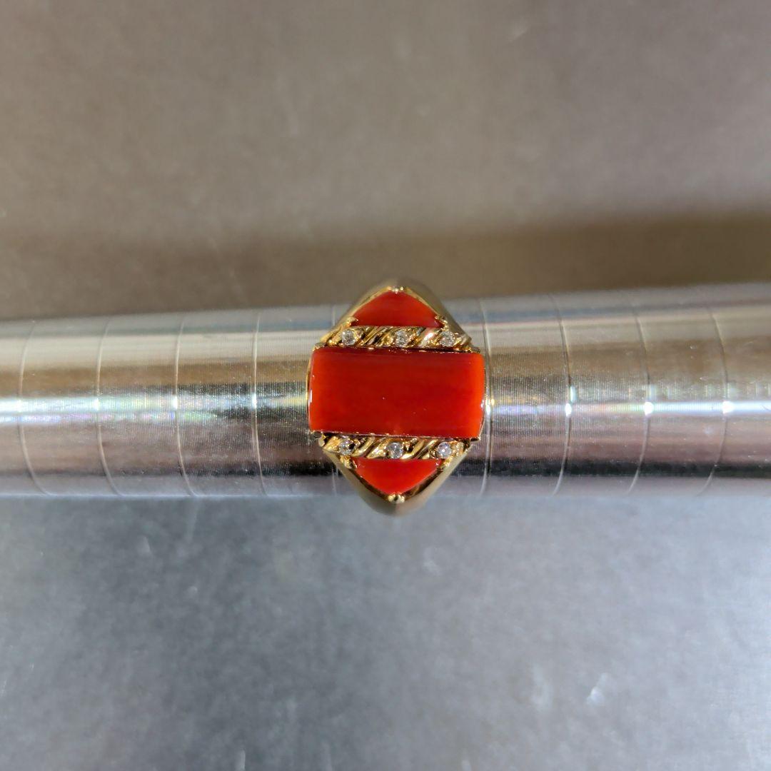 リング　K18　YG　珊瑚　ダイヤモンド計0.04ct　三越　5.53g