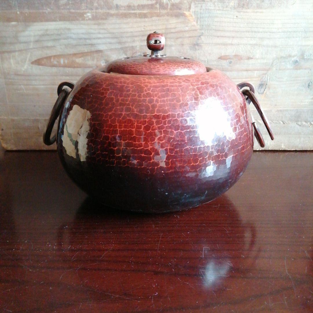 名古屋銅器　一政堂彦市　銅製鎚起赤色釜　22cm