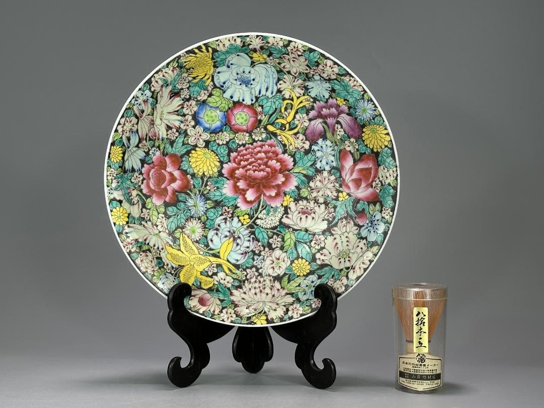 中国美術　景徳鎮製　粉彩百花不落地大盤　粉彩皿　時代　唐物